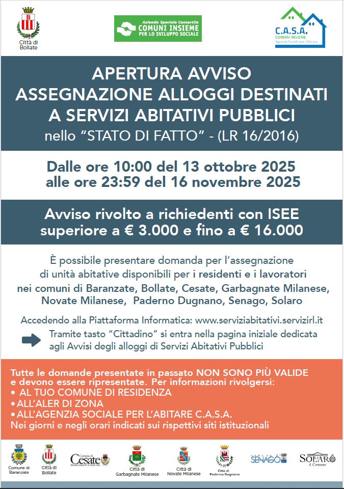 APERTURA AVVISO SAP (Servizi Abitativi Pubblici) NELLO STATO DI FATTO